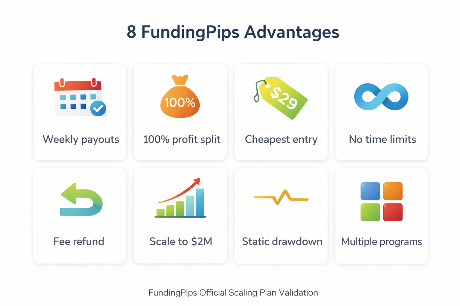 FundingPips dashboard showing profit target, max loss, and daily loss limits