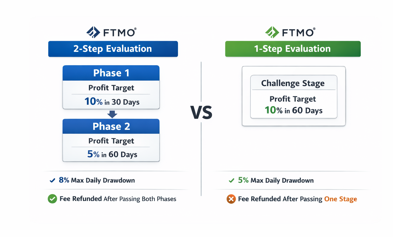 Side-by-side comparison of FTMO 2-step and 1-step challenge highlighting key differences