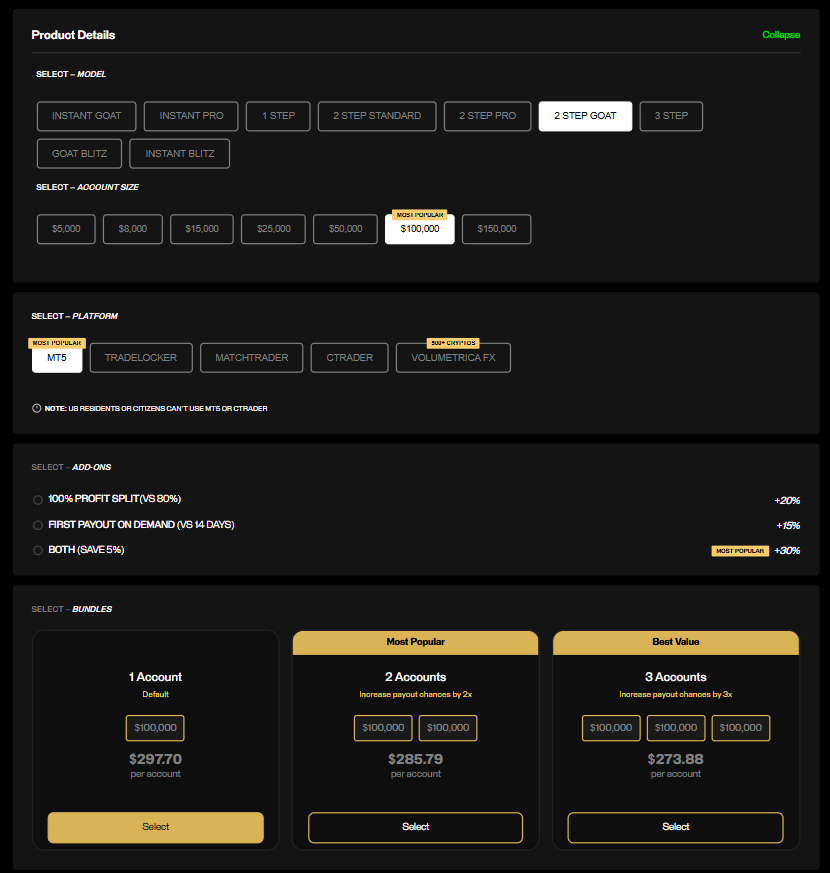 Goat Funded Trader dashboard or homepage screenshot showing challenge options