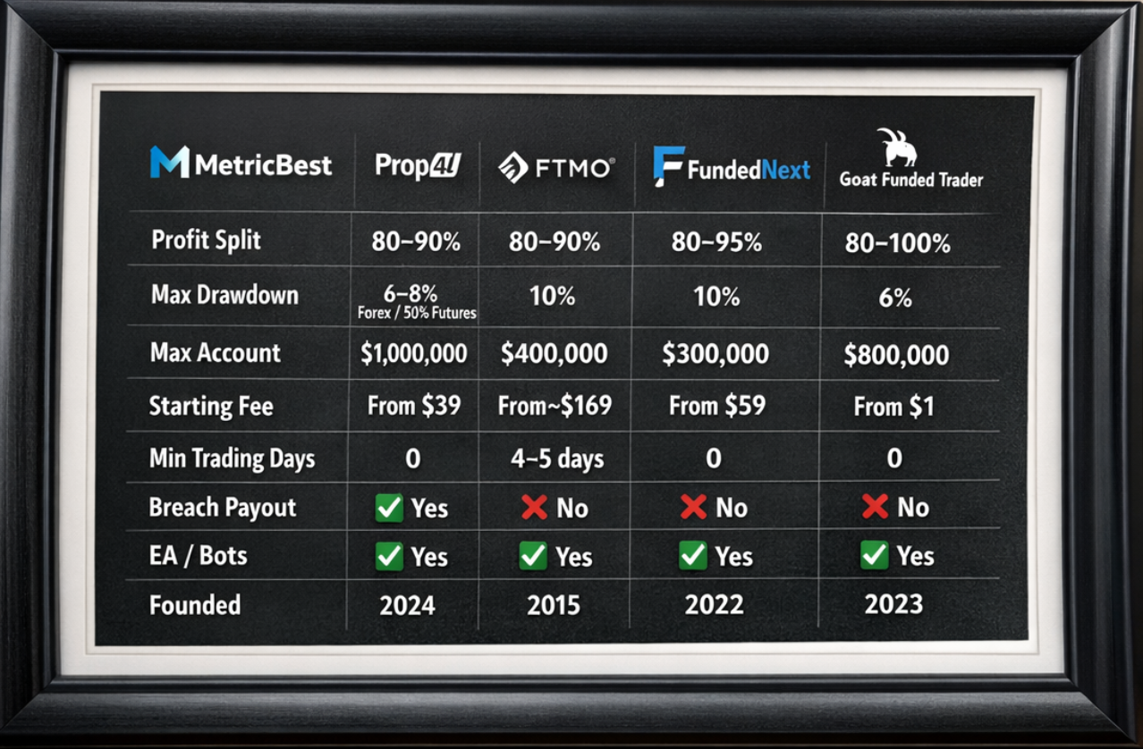  Side-by-side comparison chart showing BestProp4U vs top 3 competitors (FTMO, FundedNext, Goat Funded Trader) across key metrics.