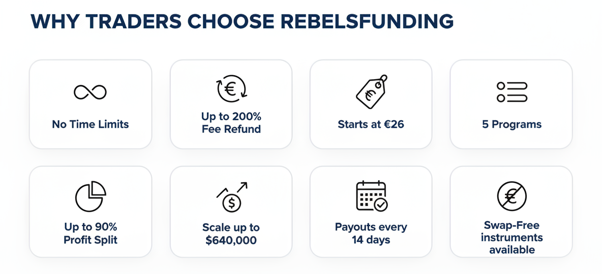 Infographic showing eight RebelsFunding benefits including no time limits, up to 200% fee refund, low entry cost, five programs, and 14-day payouts.