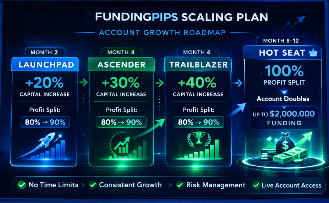 FundingPips scaling roadmap showing four levels of account growth: Launchpad at month 2 (+20% capital), Ascender at month 4 (+30%), Trailblazer at month 6 (+40%), and Hot Seat at month 8 to 12 with account doubling to 100% profit split and access to up to $2 million in funding.