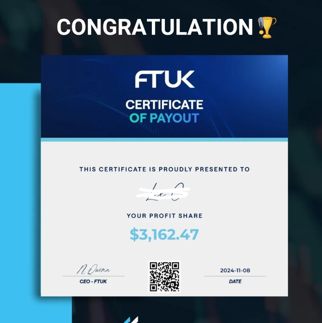 FTUK official certificate of payout showing trader profit share of $3162.47 signed by CEO dated November 2024