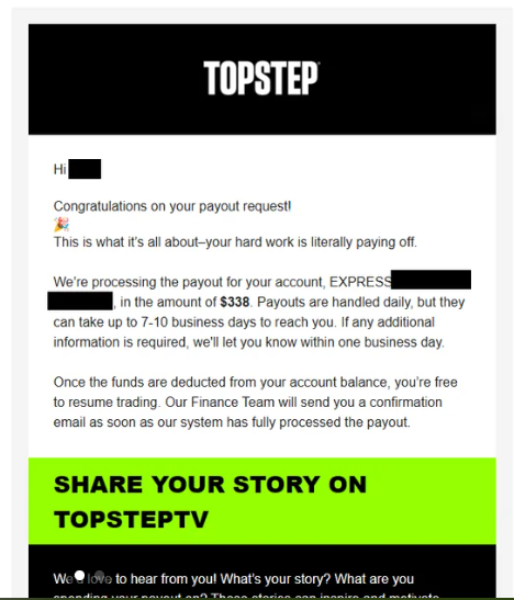 Topstep payout proof showing successful trader withdrawal and earnings verification
