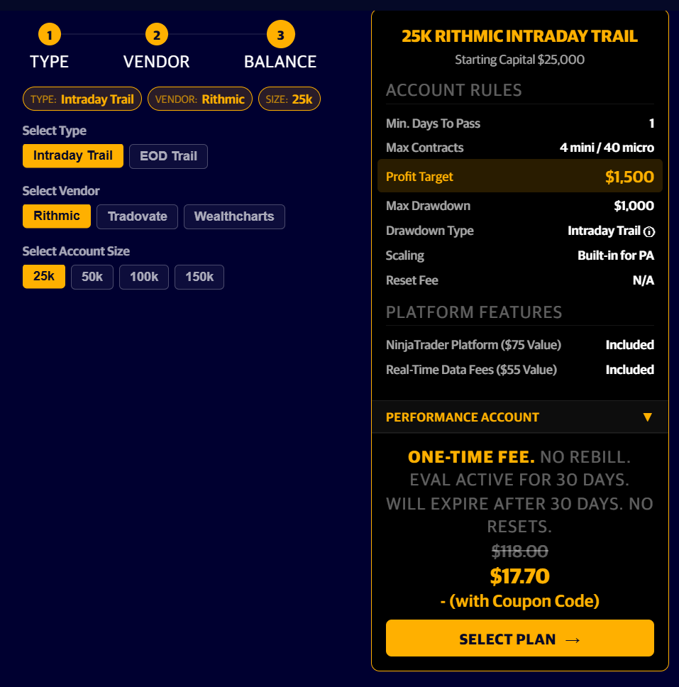 Apex Trader Funding 25K Intraday Trail evaluation plan showing $1,500 profit target, $1,000 max drawdown, and $17.70 price with coupon code on Rithmic platform