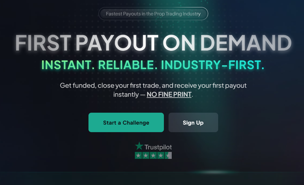 FXIFY first payout on demand feature showing instant reliable industry-first withdrawal after closing first funded trade with 4.4 Trustpilot rating