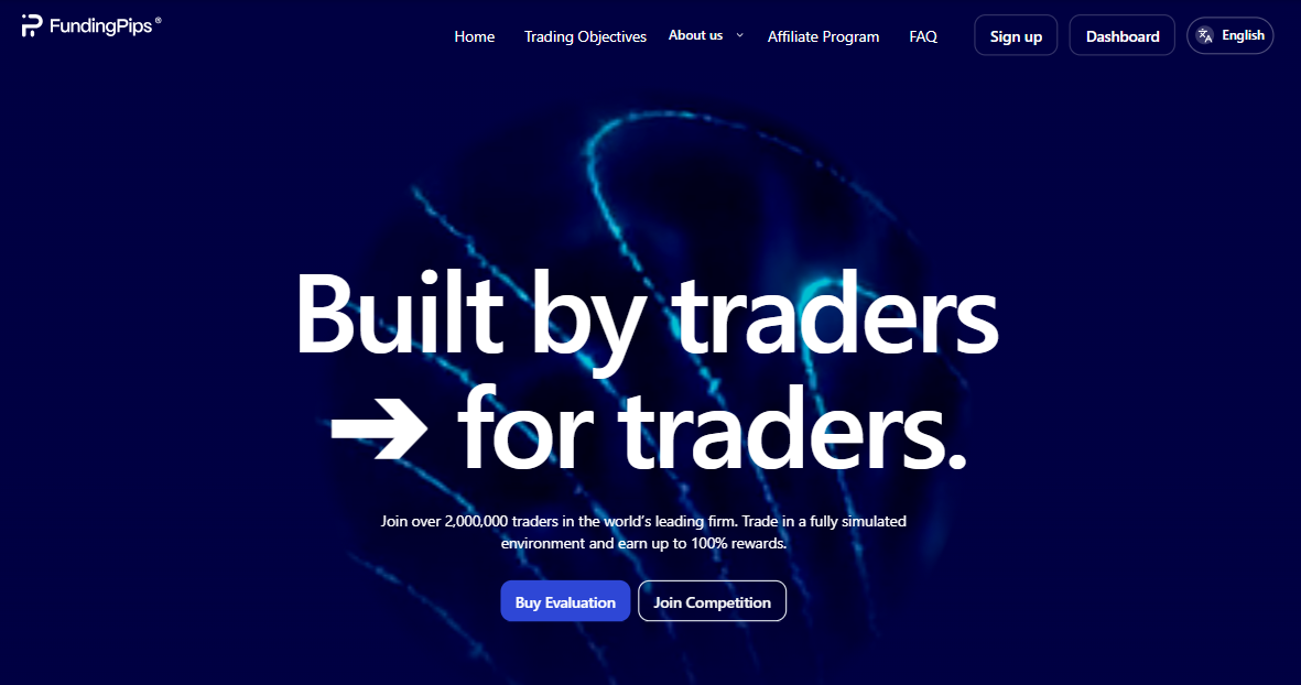 FundingPips homepage showing challenge options including Two-Step Standard, Two-Step Pro, One-Step, and Zero programs with Tuesday Payday payout feature highlighted.