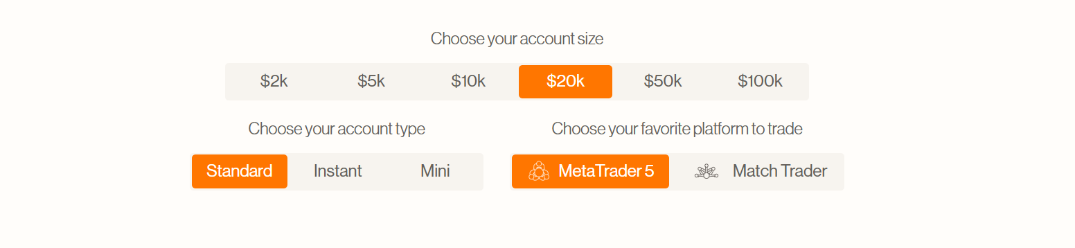 Maven Trading account size and account type selection page showing Standard, Instant and Mini options on MetaTrader 5 and Match Trader